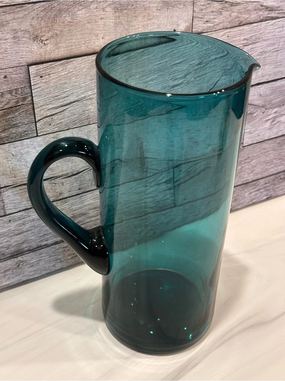 Vintage Hand Blown Teal Blue Glass Pitcher Mid Century Modern MCM Water Carafe